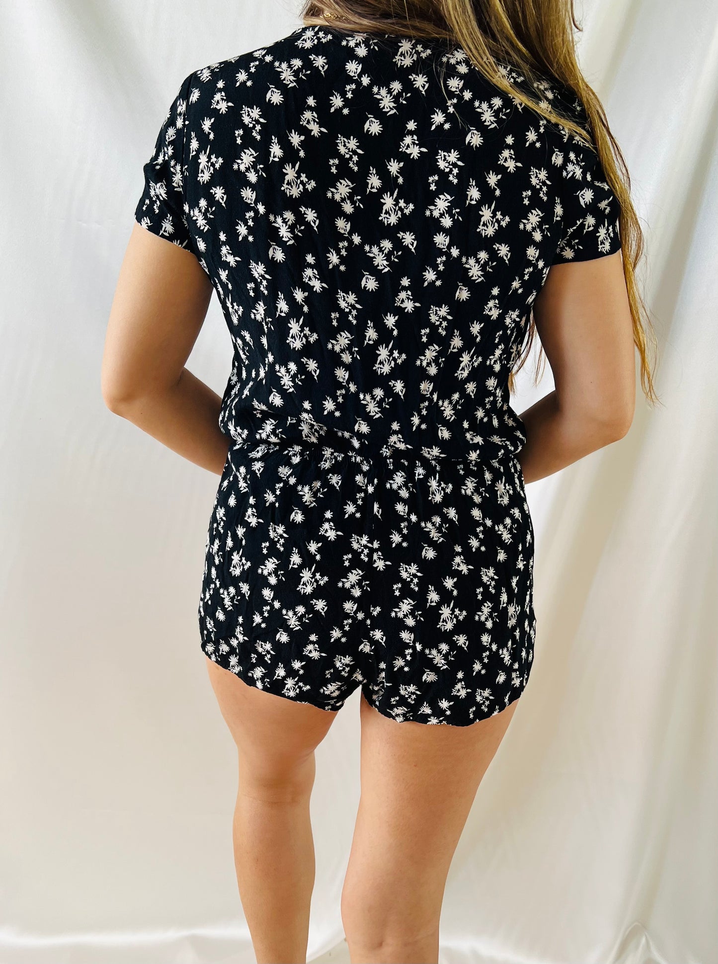 THRIFT - B&W FLORAL MINI ROMPER